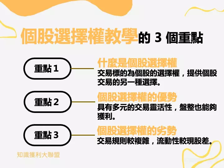 大多數人對於股票交易的理解只有現股跟股票期貨，殊不知，股票也有選擇權的交易，稱作「個股選擇權」。

個股選擇權因為在臺灣的交易量較低，所以鮮少人知道個股選擇權的存在，也很少有人會去研究個股選擇權，但在美國等國家，個股選擇權是蠻常見的股票衍生性金融商品。

個股選擇權其實是不錯的交易工具，因為股票只有漲跌的價差才有辦法獲利，也沒辦法透過商品來做不同的避險策略。

但是個股選擇權具有選擇權的特性，就可以在投資股票標的的同時，還能夠在盤整沒有價差時獲利，也能夠藉由買權及賣權的組合策略來為股票避險。

在本文中將會詳細為你介紹個股選擇權的重點，幫你分析個股選擇權有哪些優勢及劣勢，讓你對個股選擇權有更深一層的認識！
