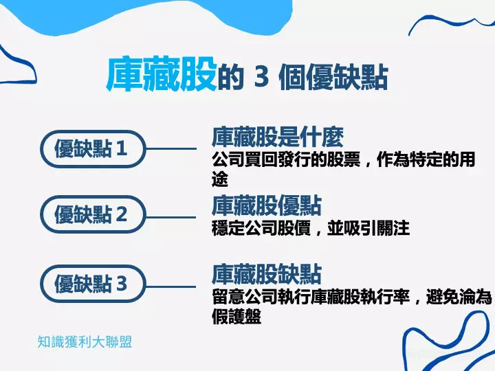 「公司宣布買回庫藏股」這個是常在各大財經新聞常見的標題，但你實際上知道什麼是庫藏股嗎?你又知道它有哪些優缺點嗎？

當投資人看到公司買回庫藏股的時候，都會紛紛提高對該股票的關注度，並會將其視為價格將開始波動的絕佳時機，而進場開始準備佈局。

而從公司的角度來看，除了買入庫藏股進行財務操作外，吸引話題也帶來注入資金的機會，所以對投資人及公司來說，買入庫藏股似乎對公司短期的股票表現有其影響性。

文中會帶你了解什麼是庫藏股，並教你庫藏股優缺點有哪些，讓你看到公司買入庫藏股的新聞時可以有自己的判斷，掌握買進及出場的時機！
