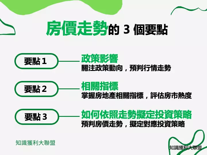房價走勢是研判房地產投資行情的一個關鍵，也是房地產入門的投資功課，學習預判房價走勢，才能夠做好房地產的投資佈局。

我們可以透過了解政府政策、市政規劃及經濟指標等研究房價潛在走勢，提早其他投資人布局或觀望房地產市場。

本文會教你觀察房價走勢的要點，並且教你如何在不同的房價走勢裡佈局房地產投資策略，讓你不會無所適從！
