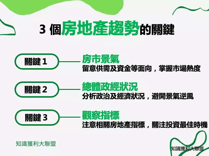 房地產的買賣是台灣盛行的一項投資，交易房地產獲利的關鍵就在於，有沒有辦法正確地預判房地產的趨勢，當房地產趨勢判讀錯誤，就有可能錯過獲利爆發的時期。

投資房地產也並非穩賺不賠，了解房地產的趨勢與景氣才能讓你的房地產投資事半功倍，不然遇到景氣逆風時，持有房地產、繳納房貸會是很辛苦的事情。

文章將會教你如何判斷房地產的趨勢，讓你少走房地產投資的冤枉路，希望投資人能透過觀察特定的指標、政經情勢，對房地產趨勢做出較準確的預判。
